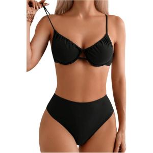 imageSOLY HUX Bikini Sets for Women Ruched Underwire Swimsuit Two Piece Bathing SuitsPure Black