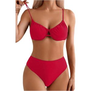 imageSOLY HUX Bikini Sets for Women Ruched Underwire Swimsuit Two Piece Bathing SuitsPure Red
