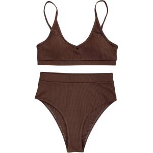 imageSOLY HUX Womens Scoop Neck High Waisted Ribbed Knit Bikini Set 2 Piece Bathing Suit SwimwearSolid Coffee Brown
