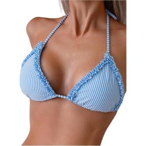 imageSOLY HUX Womens Triangle Bikini Top Striped Halter Padded Push Up Swimsuit Bathing Suits TopsBlue and White