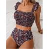 imageSOLY HUX Bathing Suit for Women Floral Print Ruffle Smocked High Waisted Bikini Sets Two Piece SwimsuitMulticoloured Floral