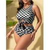 imageSOLY HUX Womens Plus Size Swimsuit Plaid Checkered Tie Front High Waisted Bikini Set Two Piece Bathing SuitBlack and White Plaid