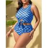imageSOLY HUX Womens Plus Size Swimsuit Plaid Checkered Tie Front High Waisted Bikini Set Two Piece Bathing SuitBlue Plaid