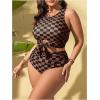imageSOLY HUX Womens Plus Size Swimsuit Plaid Checkered Tie Front High Waisted Bikini Set Two Piece Bathing SuitCoffee Brown Plaid
