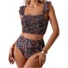 imageSOLY HUX Bathing Suit for Women Floral Print Ruffle Smocked High Waisted Bikini Sets Two Piece SwimsuitMulticoloured Floral