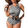 imageSOLY HUX Womens Plus Size Swimsuit Plaid Checkered Tie Front High Waisted Bikini Set Two Piece Bathing SuitBlack and White Plaid