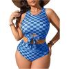 imageSOLY HUX Womens Plus Size Swimsuit Plaid Checkered Tie Front High Waisted Bikini Set Two Piece Bathing SuitBlue Plaid