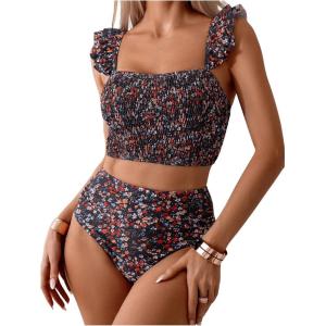 imageSOLY HUX Bathing Suit for Women Floral Print Ruffle Smocked High Waisted Bikini Sets Two Piece SwimsuitMulticoloured Floral