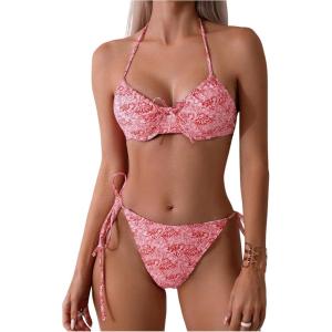 imageSOLY HUX Bikini Sets for Women Allover Print Halter Tie Side Bathing Suits Two Piece SwimsuitMulticoloured Print