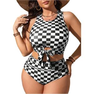 imageSOLY HUX Womens Plus Size Swimsuit Plaid Checkered Tie Front High Waisted Bikini Set Two Piece Bathing SuitBlack and White Plaid