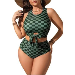 imageSOLY HUX Womens Plus Size Swimsuit Plaid Checkered Tie Front High Waisted Bikini Set Two Piece Bathing SuitGreen Plaid