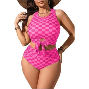 imageSOLY HUX Womens Plus Size Swimsuit Plaid Checkered Tie Front High Waisted Bikini Set Two Piece Bathing SuitPink Plaid