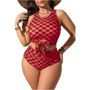 imageSOLY HUX Womens Plus Size Swimsuit Plaid Checkered Tie Front High Waisted Bikini Set Two Piece Bathing SuitRed Plaid