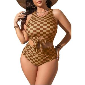 imageSOLY HUX Womens Plus Size Swimsuit Plaid Checkered Tie Front High Waisted Bikini Set Two Piece Bathing SuitYellow Plaid
