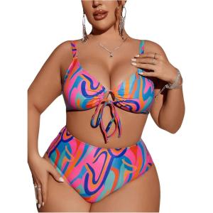 imageSOLY HUX Womens Plus Size Swimsuit Printed Tie Front 2 Piece Bikini Summer High Waist Bathing SuitsMulti Printed