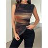 imageSOLY HUX Womens Tie Dye Sleeveless Top Boat Neck Slim Fit Vest Elegant Work Tank TopsBrown Printed