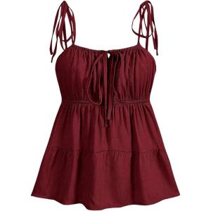 imageSOLY HUX Womens Cute Y2k Ruffle Tie Camisole Top Spaghetti Strap Vest Sleeveless Flowy ShirtsPlain Burgundy