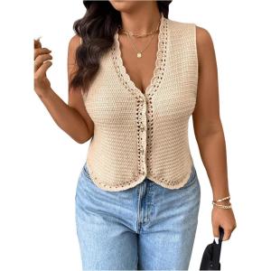 imageSOLY HUX Womens Plus Size Crochet Knit Button Down Vest V Neck Sleeveless Shirts Summer Tank TopsSolid Apricot