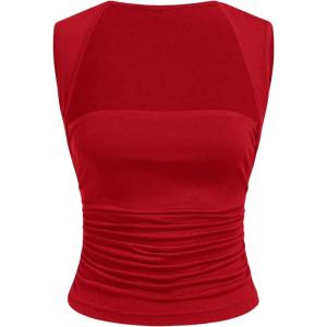 imageSOLY HUX Womens Ruched Tank Tops Square Neck Sleeveless Basic Tight Vest Shirts Summer TopsPlain Red