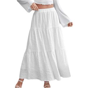 imageSOLY HUX Womens Summer Ruffle Hem Skirt Elastic High Waist Casual Solid Long Maxi SkirtsPlain White