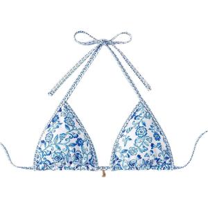imageSOLY HUX Womens Triangle Bikini Top Only Tie Back String Floral Print Padded Swimwear Bathing Suits TopsBlue and White