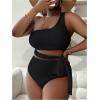 imageSOLY HUX Womens Plus Size Swimsuit Tie Side Cut Out One Shoulder Bikini Sets Two Piece Bathing SuitsPlain Black