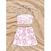 imageSOLY HUX Womens Summer Mini Skirt Set Floral Print Tie Shoulder Crop Top Skirts Beach Vacation Outfits 2 PiecePink and White