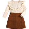 imageSOLY HUX Girls Skirt Outfits Long Sleeve Knitted Shirt Sweater Ruffle Trim Tshirt Tops ampamp Mini Skirt Cute Clothes 2 Piece SetPure Beige Brown