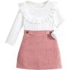 imageSOLY HUX Girls Skirt Outfits Long Sleeve Knitted Shirt Sweater Ruffle Trim Tshirt Tops ampamp Mini Skirt Cute Clothes 2 Piece SetWhite and Pink