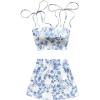imageSOLY HUX Womens Summer Mini Skirt Set Floral Print Tie Shoulder Crop Top Skirts Beach Vacation Outfits 2 PieceBlue and White