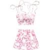imageSOLY HUX Womens Summer Mini Skirt Set Floral Print Tie Shoulder Crop Top Skirts Beach Vacation Outfits 2 PiecePink and White