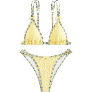 imageSOLY HUX Bathing Suit for Women Bow Triangle Bikini Set Textured Cute Two Piece SwimsuitYellow