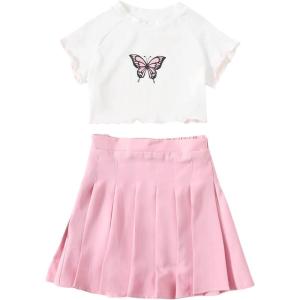 imageSOLY HUX Girls Butterfly Print Short Sleeve Tee Top and Pleated Skirt Set 2 Piece OutfitsWhite Pink