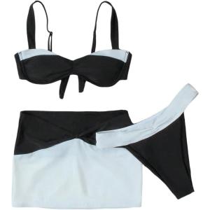 imageSOLY HUX Womens 3 Piece Swimsuit Color Block Push Up Bikini Set Bathing Suit with Cover Up Beach SkirtBlack and White