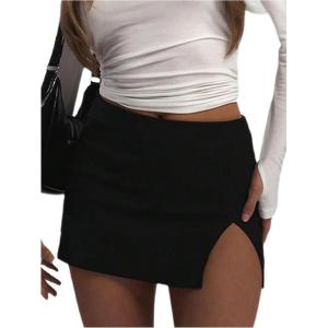 imageSOLY HUX Womens Bodycon Mini Skirt Split Hem Y2k Stretchy Going Out SkirtsSolid Black