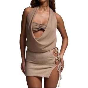 imageSOLY HUX Womens Cowl Neck Sexy Tops Halter Neck Cutout Slim Fit Tank Top Party ClubwearPure Apricot