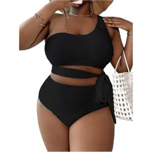 imageSOLY HUX Womens Plus Size Swimsuit Tie Side Cut Out One Shoulder Bikini Sets Two Piece Bathing SuitsPlain Black