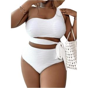 imageSOLY HUX Womens Plus Size Swimsuit Tie Side Cut Out One Shoulder Bikini Sets Two Piece Bathing SuitsSolid White