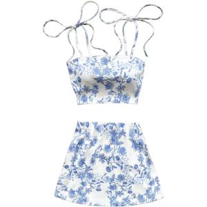 imageSOLY HUX Womens Summer Mini Skirt Set Floral Print Tie Shoulder Crop Top Skirts Beach Vacation Outfits 2 PieceBlue and White