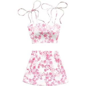 imageSOLY HUX Womens Summer Mini Skirt Set Floral Print Tie Shoulder Crop Top Skirts Beach Vacation Outfits 2 PiecePink and White