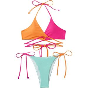 imageSOLY HUX Bathing Suit for Women Color Block Halter String Bikini Set Criss Cross Tie Side Two Piece SwimsuitMulticoloured