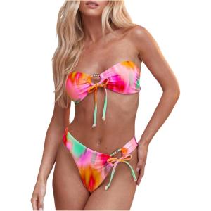 imageSOLY HUX Womens Bandeau Bikini Set Tie Dye Tie Front Strapless Swimsuit Two Piece Bathing SuitMulticoloured Tie Dye
