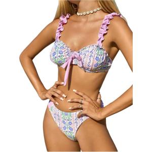 imageSOLY HUX Womens Floral Print Swimsuits 2 Piece High Cut Thong Bikini Beachwear Summer OutfitsPurple Multi