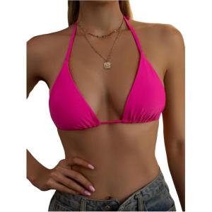 imageSOLY HUX Womens Halter Triangle Bikini Top Tie Back Bathing Suit Top Sexy Swimwear for WomenNeon Pink