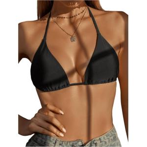 imageSOLY HUX Womens Halter Triangle Bikini Top Tie Back Bathing Suit Top Sexy Swimwear for WomenPlain Black
