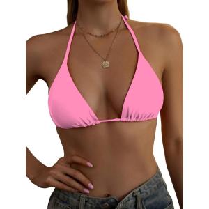 imageSOLY HUX Womens Halter Triangle Bikini Top Tie Back Bathing Suit Top Sexy Swimwear for WomenPlain Pink