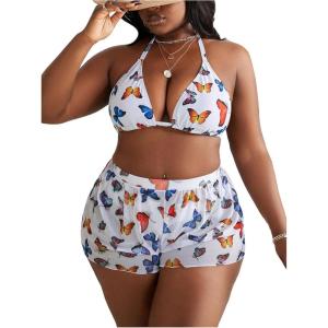 imageSOLY HUX Womens Plus Size Swimsuit 3 Piece Butterfly Print Halter Triangle Bikini Sets Bathing Suit with ShortsWhite Butterfly
