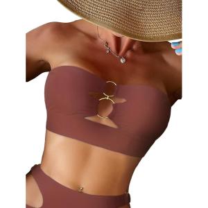 imageSOLY HUX Womens Sexy Cut Out Ring Linked Bandeau Bikini Top Swimsuit Bathing Suit TopsPlain Burgundy