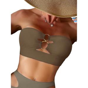 imageSOLY HUX Womens Sexy Cut Out Ring Linked Bandeau Bikini Top Swimsuit Bathing Suit TopsPlain Mocha Brown