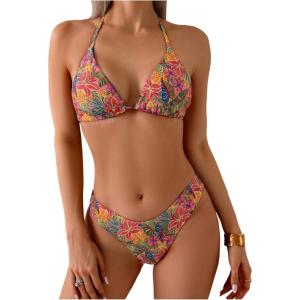 imageSOLY HUX Womens Triangle Halter Bikini Set Tropical Print Boho Swimsuits Two Piece Bathing SuitsMulti Printed